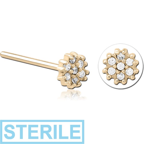 STERILE ZIRCON GOLD PVD COATED SURGICAL STEEL STRAIGHT JEWELLED NOSE STUD - FLOWER