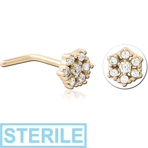 STERILE ZIRCON GOLD PVD COATED SURGICAL STEEL 90 DEGREE JEWELLED NOSE STUD - FLOWER