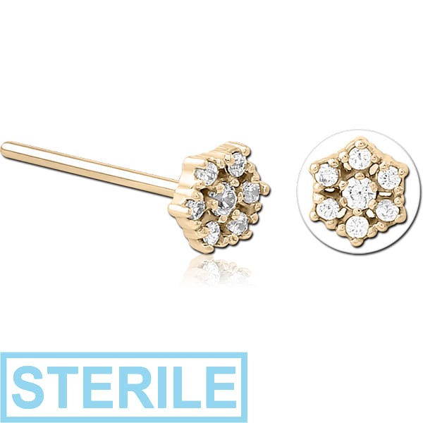 STERILE ZIRCON GOLD PVD COATED SURGICAL STEEL STRAIGHT JEWELLED NOSE STUD - FLOWER