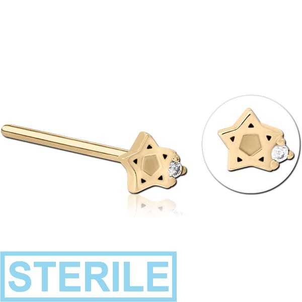 STERILE ZIRCON GOLD PVD COATED SURGICAL STEEL STRAIGHT JEWELLED NOSE STUD