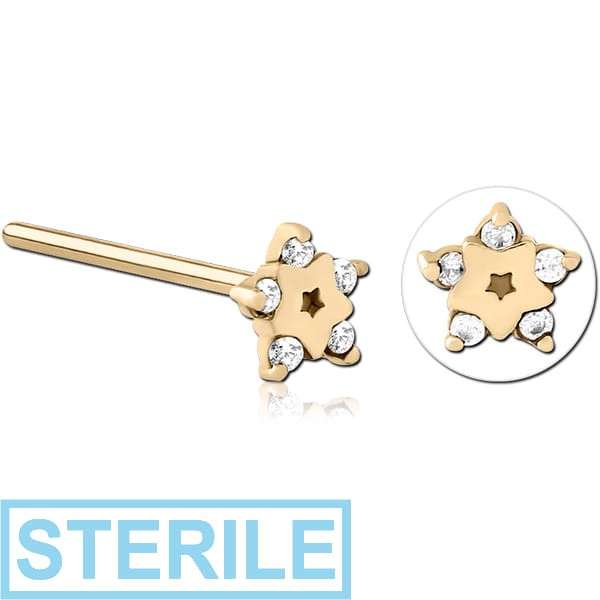 STERILE ZIRCON GOLD PVD COATED SURGICAL STEEL STRAIGHT JEWELLED NOSE STUD