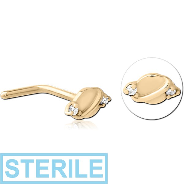 STERILE ZIRCON GOLD PVD COATED SURGICAL STEEL 90 DEGREE JEWELLED NOSE STUD