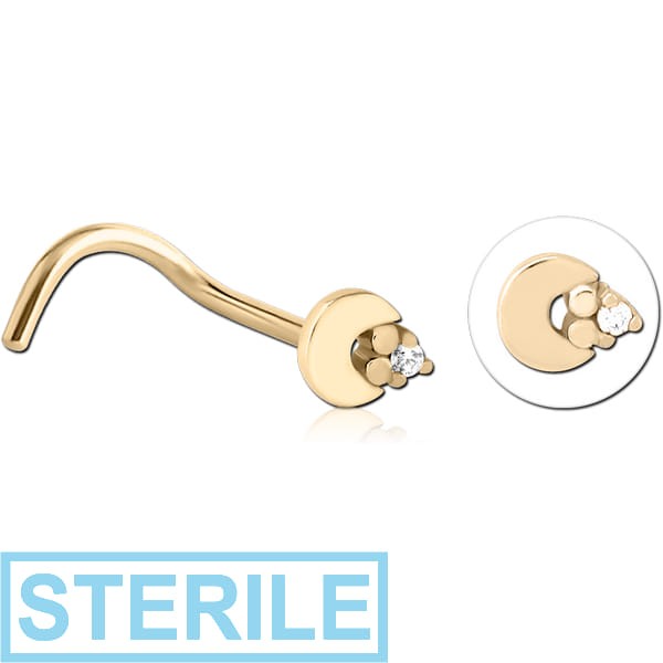 STERILE ZIRCON GOLD PVD COATED SURGICAL STEEL CURVED JEWELLED NOSE STUD