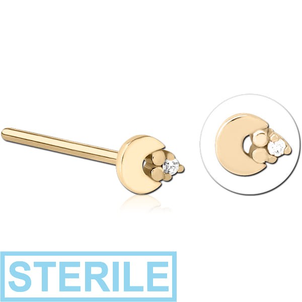 STERILE ZIRCON GOLD PVD COATED SURGICAL STEEL STRAIGHT JEWELLED NOSE STUD