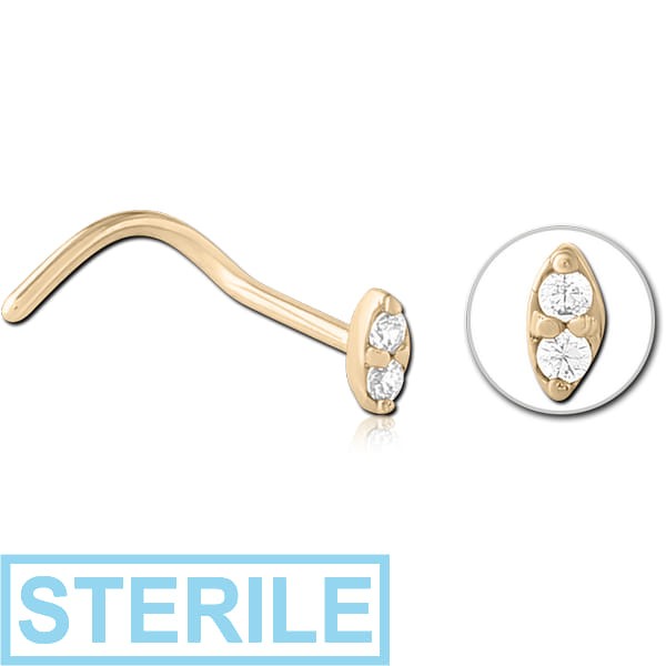 STERILE ZIRCON GOLD PVD COATED SURGICAL STEEL CURVED JEWELLED NOSE STUD