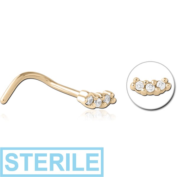 STERILE ZIRCON GOLD PVD COATED SURGICAL STEEL JEWELLED NOSE STUDS