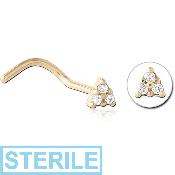 STERILE ZIRCON GOLD PVD COATED SURGICAL STEEL JEWELLED NOSE STUDS