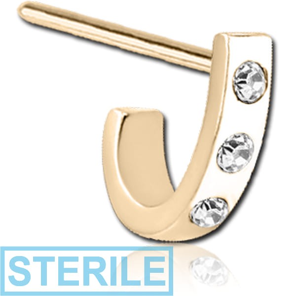 STERILE CON GOLD PVD COATED SURGICAL STEEL STRAIGHT JEWELLED WRAP AROUND NOSE STUD - FLAT TRIPLE GEM