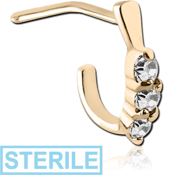 STERILE ZIRCON GOLD PVD COATED SURGICAL STEEL 90 DEGREE JEWELLED WRAP AROUND NOSE STUD - THREE GEMS ROUND