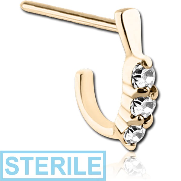 STERILE ZIRCON GOLD PVD COATED SURGICAL STEEL STRAIGHT JEWELLED WRAP AROUND NOSE STUD - THREE GEMS ROUND