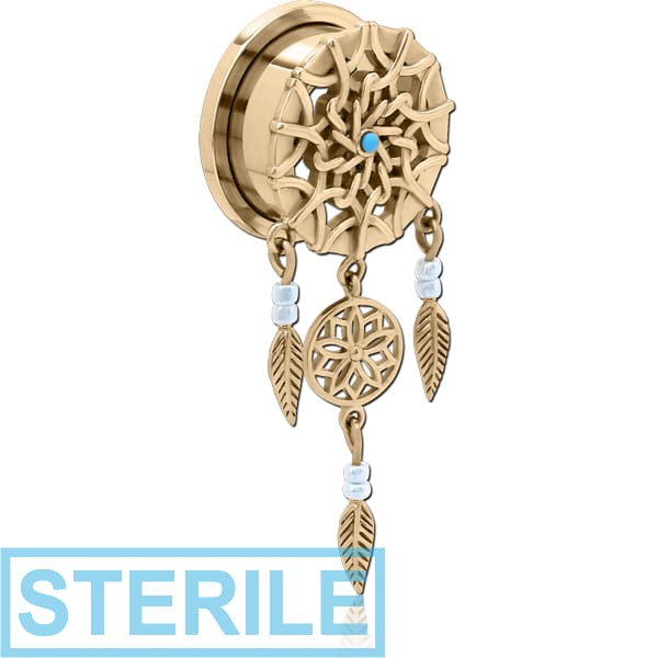 STERILE ZIRCON GOLD PVD COATED STAINLESS STEEL THREADED TUNNEL WITH SURGICAL STEEL JEWELLED TOP
