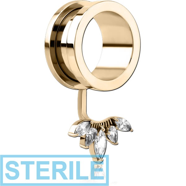 STERILE ZIRCON GOLD PVD COATED STAINLESS STEEL JEWELLED THREADED TUNNEL WITH SURGICAL STEEL TOP