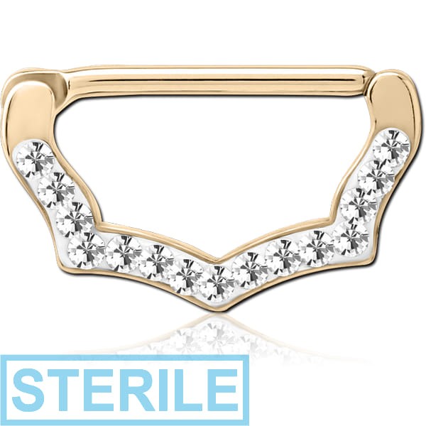 STERILE ZIRCON GOLD PVD COATED SURGICAL STEEL CRYSTALINE JEWELLED NIPPLE CLICKER