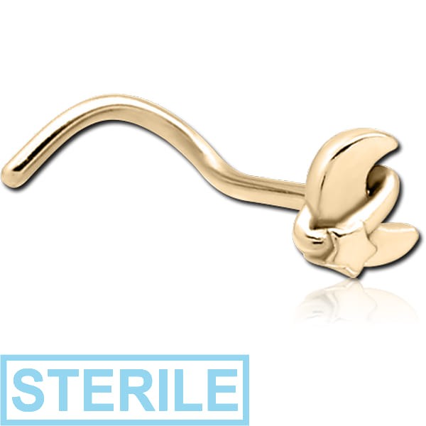 STERILE ZIRCON GOLD PVD COATED SURGICAL STEEL CURVED NOSE STUD - ANNULAR ECLIPSE AND STAR