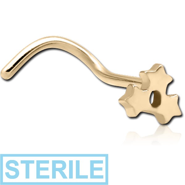 STERILE ZIRCON GOLD PVD COATED SURGICAL STEEL CURVED NOSE STUD - TRIPLE STAR