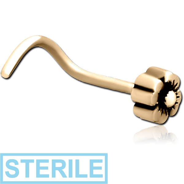STERILE ZIRCON GOLD PVD COATED SURGICAL STEEL CURVED NOSE STUD - FLOWER