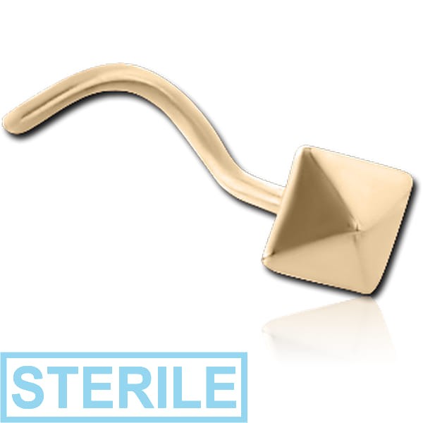 STERILE ZIRCON GOLD PVD COATED SURGICAL STEEL CURVED NOSE STUD - PYRAMID