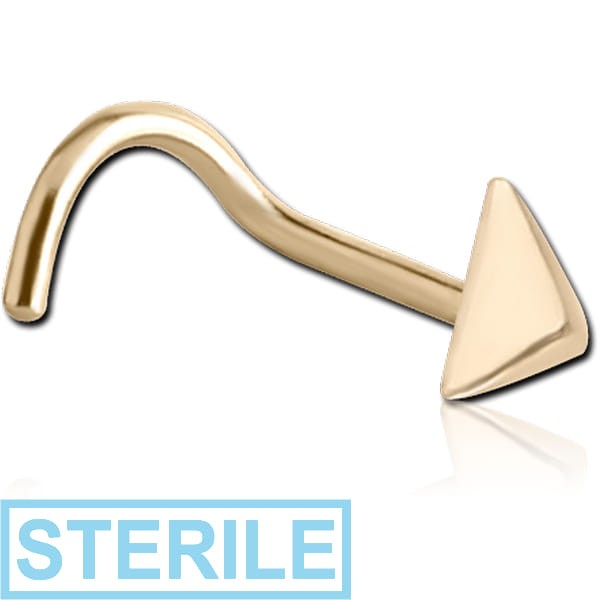 STERILE ZIRCON GOLD PVD COATED SURGICAL STEEL CURVED NOSE STUD - 3D TRIANGLE