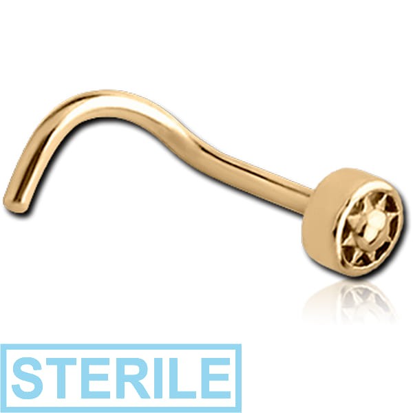 STERILE ZIRCON GOLD PVD COATED SURGICAL STEEL CURVED NOSE STUD - SUN IN CIRCLE