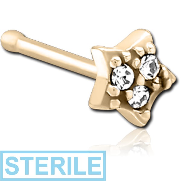 STERILE ZIRCON GOLD PVD COATED SURGICAL STEEL JEWELLED NOSE BONE - STAR