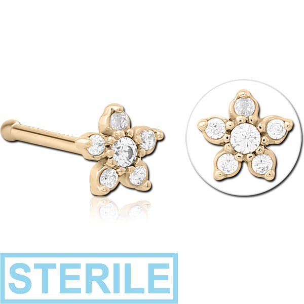 STERILE ZIRCON GOLD PVD COATED SURGICAL STEEL JEWELLED NOSE BONE - FLOWER