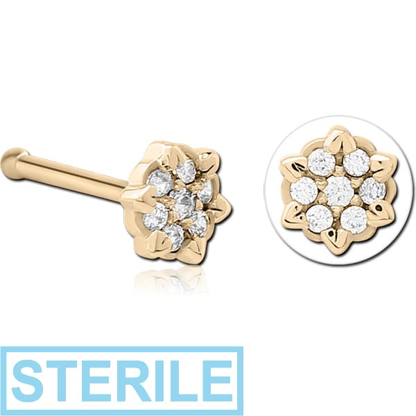 STERILE ZIRCON GOLD PVD COATED SURGICAL STEEL JEWELLED NOSE BONE - FLOWER