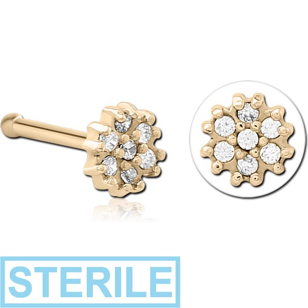 STERILE ZIRCON GOLD PVD COATED SURGICAL STEEL JEWELLED NOSE BONE - FLOWER