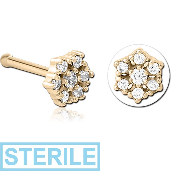 STERILE ZIRCON GOLD PVD COATED SURGICAL STEEL JEWELLED NOSE BONE - FLOWER