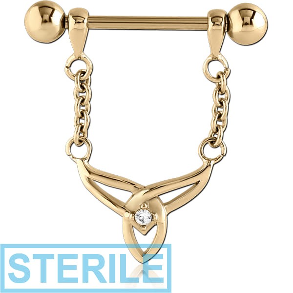 STERILE ZIRCON GOLD PVD COATED SURGICAL STEEL JEWELLED NIPPLE SHIELD - TRIQUETRA WITH CHAIN
