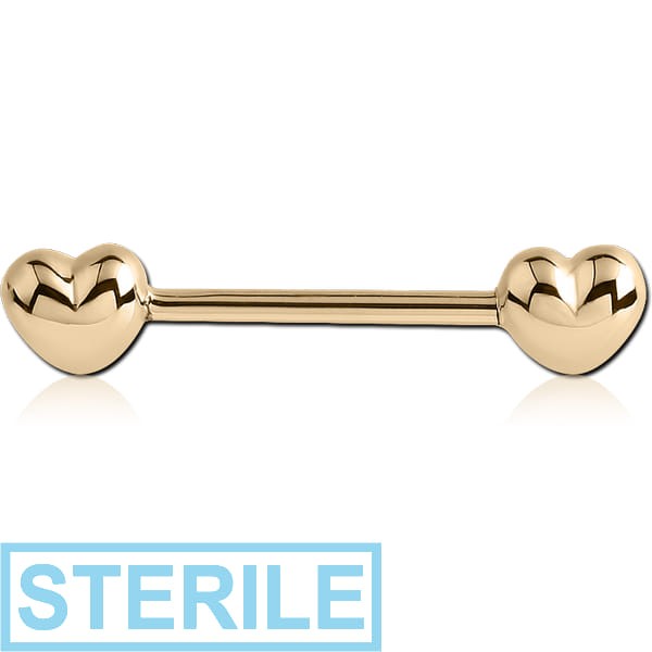 STERILE ZIRCON GOLD PVD COATED SURGICAL STEEL NIPPLE BAR - HEART