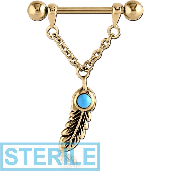 STERILE ZIRCON GOLD PVD COATED SURGICAL STEEL TURQUOISE NIPPLE SHIELD - CHAIN WITH FEATHER