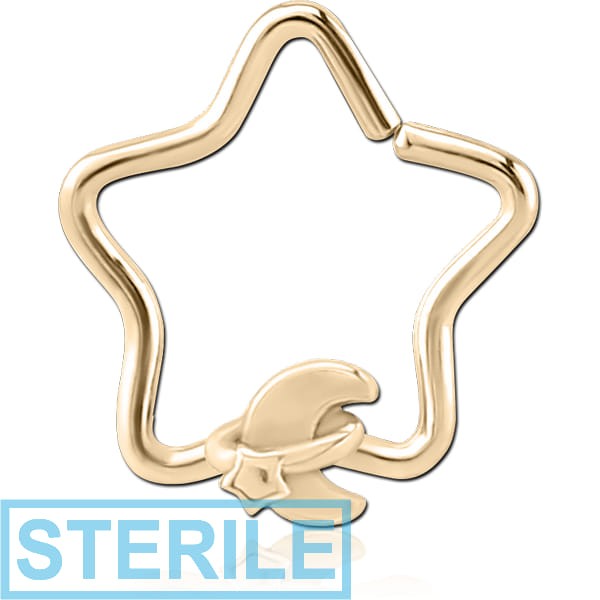 STERILE ZIRCON GOLD PVD COATED SURGICAL STEEL OPEN STAR SEAMLESS RING - ANNULAR ECLIPSE AND STAR