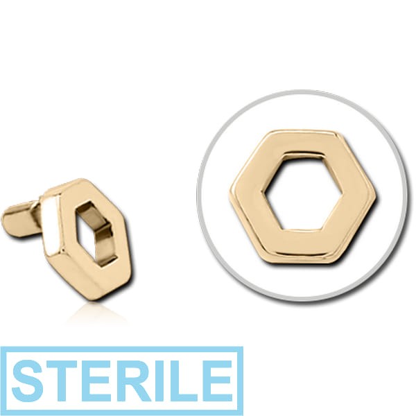 STERILE ZIRCON GOLD PVD COATED SURGICAL STEEL PUSH FIT ATTACHMENT FOR BIOFLEX INTERNAL LABRET - HEXAGON