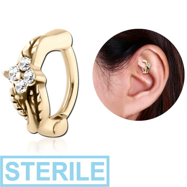 STERILE ZIRCON GOLD PVD COATED SURGICAL STEEL JEWELLED ROOK CLICKER - LEAF