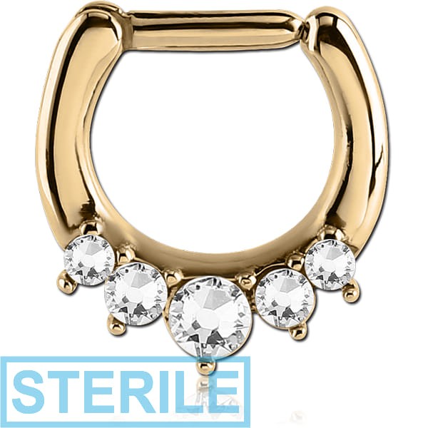 STERILE ZIRCON GOLD PVD COATED SURGICAL STEEL ROUND HIGH END CRYSTALS JEWELLED HINGED SEPTUM CLICKER