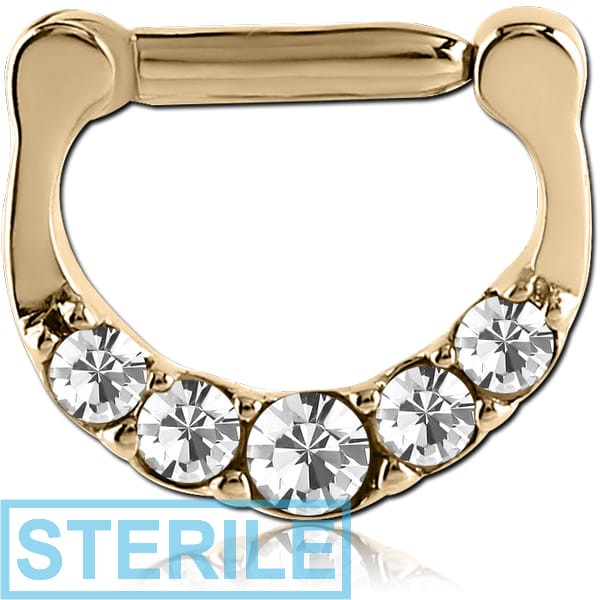 STERILE ZIRCON GOLD PVD COATEDSURGICAL STEEL ROUND PRONG SET JEWELLED HINGED SEPTUM CLICKER