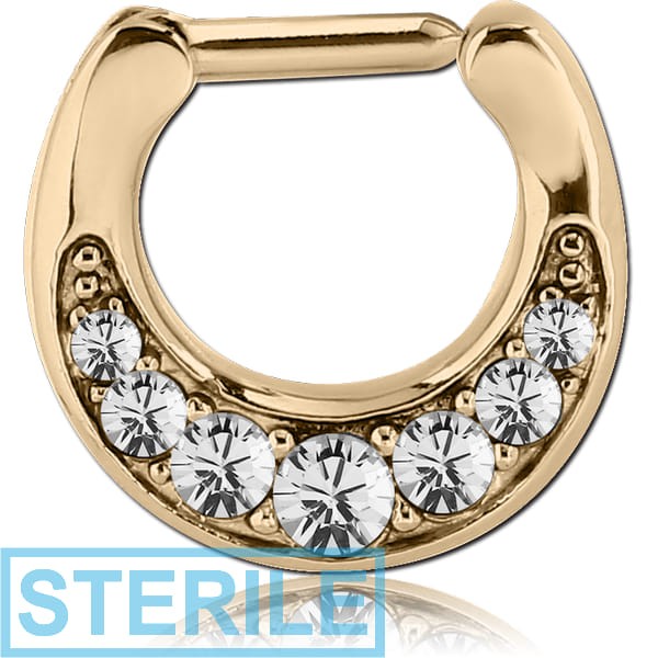 STERILE ZIRCON GOLD PVD COATED SURGICAL STEEL ROUND JEWELLED HINGED SEPTUM CLICKER