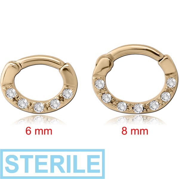 STERILE ZIRCON GOLD PVD COATED SURGICAL STEEL ROUND JEWELLED HINGED SEPTUM CLICKER