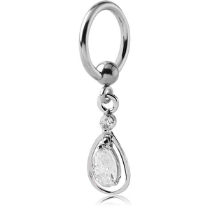SURGICAL STEEL BALL CLOSURE RING WITH PRONG SET TEAR DROP CHARM