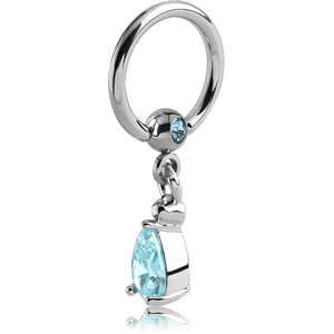 SURGICAL STEEL JEWELLED BALL CLOSURE RING WITH PRONG SET TEAR DROP CHARM