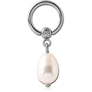 SURGICAL STEEL JEWELLED BALL CLOSURE RING WITH SYNTHETIC PEARL CHARM