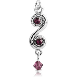 RHODIUM PLATED BRASS JEWELLED CHARM - S WITH BEAD