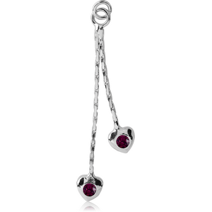 RHODIUM PLATED BRASS JEWELLED CHARM - DANGLING TWO HEARTS