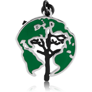 RHODIUM PLATED BRASS CHARM WITH ENAMEL - GLOBE AND TREE