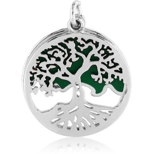 RHODIUM PLATED BRASS CHARM WITH ENAMEL - TREE DISK WITH GREEN BACKGROUND