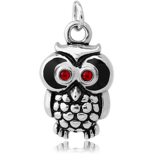 RHODIUM PLATED BRASS JEWELLED CHARM WITH ENAMEL - OWL