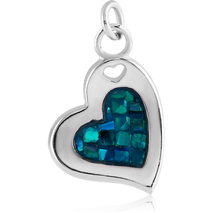 RHODIUM PLATED SYNTHETIC MOTHER OF PEARL MOSAIC CHARM - HEART