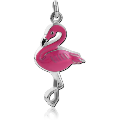 RHODIUM PLATED BRASS CHARM WITH ENAMEL - FLAMINGO