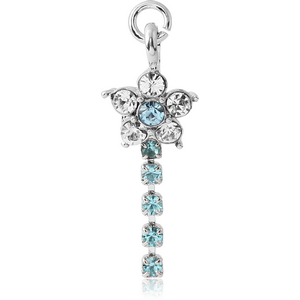 RHODIUM PLATED BRASS JEWELLED FLOWER DANGLING CHARM