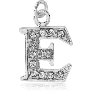 RHODIUM PLATED BRASS JEWELLED LETTER CHARM - E
